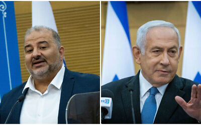 Le leader du parti Raam Mansour Abbas, à gauche, tient une conférence de presse à la Knesset, le 25 octobre 2021. Le chef de l'opposition et du Likud Benjamin Netanyahu, à droite, dirige une réunion de faction à la Knesset, le 25 octobre 2021. (Crédit : Yonatan Sindel/Flash90)