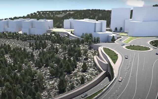 Rendu artistique du nouveau quartier de Reches Lavan et du système de transport à deux niveaux actuellement proposé. (Crédit : Capture d'écran YouTube)