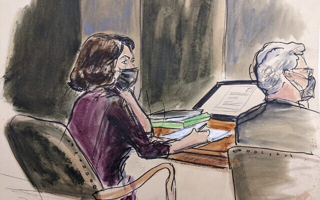 Dans ce croquis de salle d'audience, Ghislaine Maxwell, à gauche, est assise à la table de la défense avec l'avocat de la défense Jeffrey Pagliuca tout en écoutant le témoignage dans son procès pour abus sexuel, le 16 décembre 2021, à New York. (Crédit : Elizabeth Williams via AP)