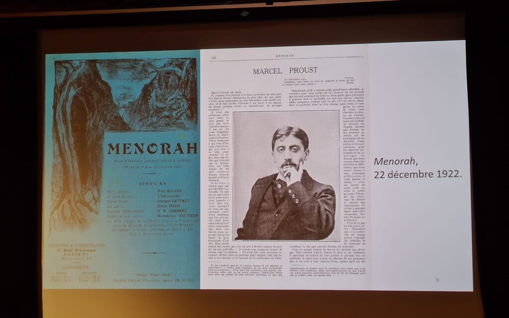 « Les racines juives de Marcel Proust » expliquées par Antoine Compagnon lors de la soirée d’ouverture. (Crédit :  Audrey Alcabes/Poussières d’étoiles)