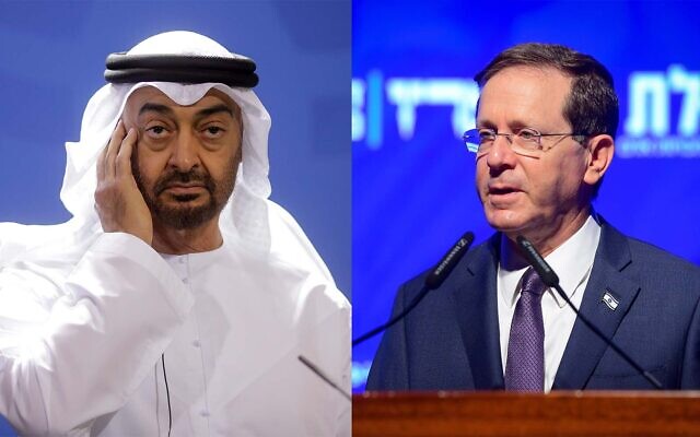 Sheikh Mohammed bin Zayed Al Nahyan, à gauche, et le président Isaac Herzog, à droite. (Crédit : Markus Schreiber/AP, Avshalom Sassoni/Flash90)