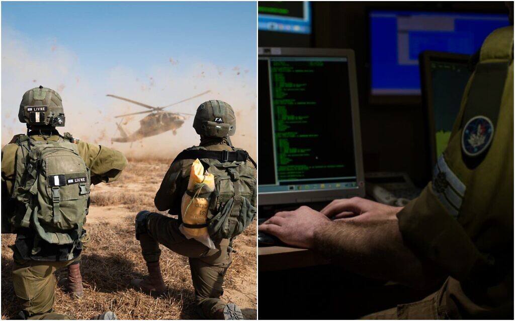 A gauche : Des combattants de Tsahal participant à un exercice en décembre 2021. A droite : Un soldat de Tsahal du Corps C4I tapant sur un clavier d'ordinateur. (Crédit : Tsahal)