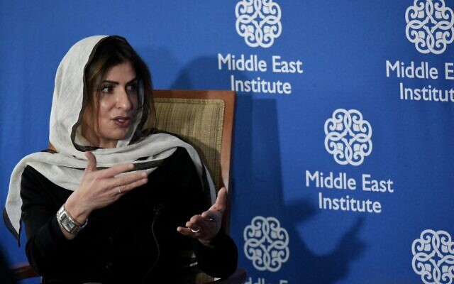 Dans cette photo d'archives prise le 12 avril 2017, la princesse saoudienne Basma bent Saoud prend la parole lors d'une discussion sur le rôle des femmes au Moyen-Orient au Middle East Institute de Washington, DC. (Crédit : Mandel NGAN / AFP)