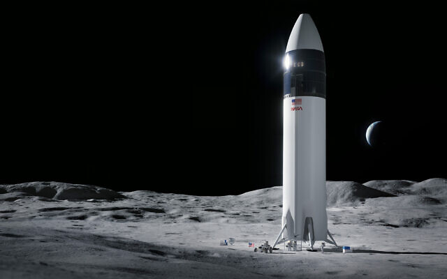 Cette illustration fournie par SpaceX montre la conception de l'atterrisseur humain SpaceX Starship qui transportera les premiers astronautes de la NASA à la surface de la Lune dans le cadre du programme Artemis. (SpaceX/NASA via AP)