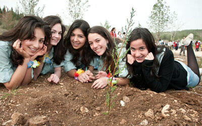 De jeunes filles plantent des arbres lors d'un événement de Tou Bishvat organisé par le Keren Kayemet LeIsrael dans la forêt de Ben Shemen, le 6 février 2012. (Omer Miron/Flash90)