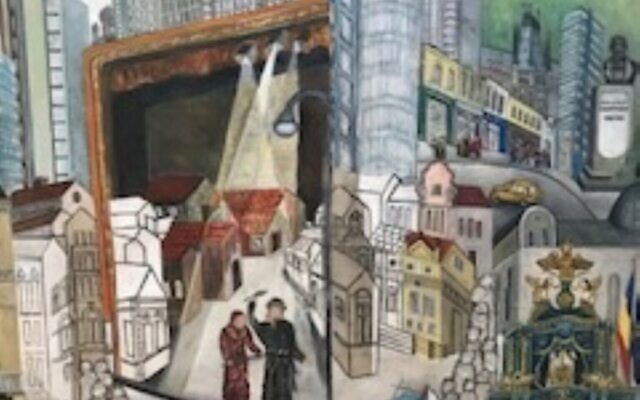 Extrait de " Patrimoine roumain - un voyage dans le temps " de l'artiste Beverly-Jane Stewart à l'Institut culturel roumain de Tel Aviv pour la Journée internationale de la Shoah 2022. (Crédit : Duncan Phillips)