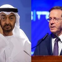 Le sheikh Mohammed ben Zayed Al Nahyan, à gauche, et le président Isaac Herzog, à droite. (Crédit : Markus Schreiber/AP, Avshalom Sassoni/Flash90)