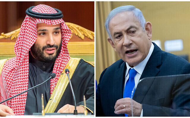 À gauche : le prince héritier saoudien Mohammed bin Salman, s'exprimant lors du sommet du Conseil de coopération du Golfe (CCG) à Riyad, en Arabie saoudite, le 14 décembre 2022 ; à droite : Benjamin Netanyahu lors d'une réunion du parti Likoud à la Knesset à Jérusalem le 13 décembre 2021. (Bandar Aljaloud/Palais royal saoudien via AP ; Yonatan Sindel/Flash90)