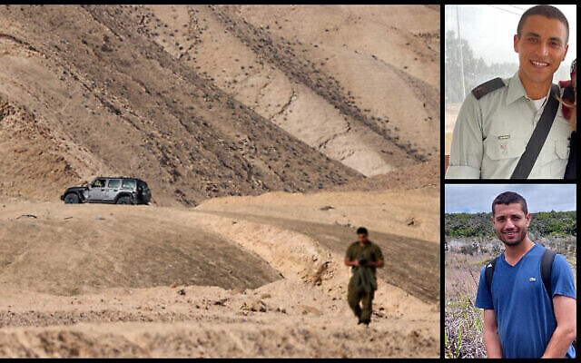 La zone proche de la base où deux soldats de Tsahal ont été tués dans un incident dit de tir ami la nuit précédente, le 13 janvier 2022 (Yonathan Sindel/Flash90) ; le major Itamar Elharar, en haut à droite, et le major Ofek Aharon, en bas à droite (Forces de défense israéliennes).