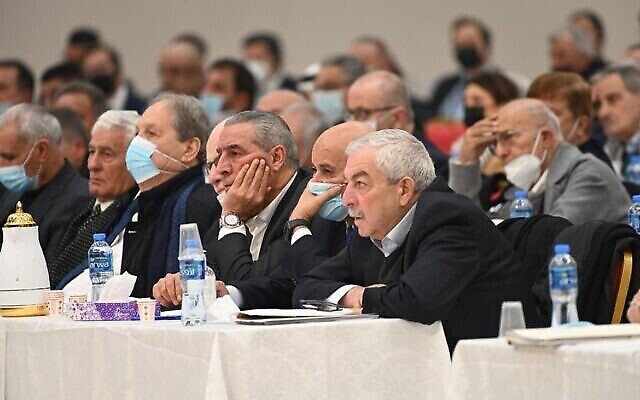 De hauts responsables palestiniens lors d'une rare conférence des dirigeants de l'Organisation de libération de la Palestine (OLP), le 6 février 2022. (Crédit : WAFA)