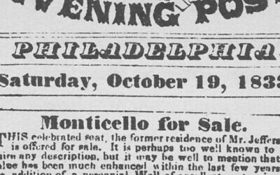 Article de journal de 1833 annonçant que Monticello, la maison de Thomas Jefferson, est à vendre. (Crédit: PerlePress Productions)