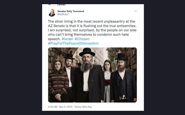 Kelly Townsend, sénatrice de l'Arizona, a choisi une photo publicitaire de la série télévisée "Shtisel" pour illustrer son opposition à l'antisémitisme. (Crédit : Capture d'écran)
