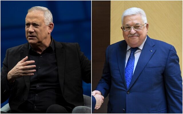 Le ministre de la Défense Benny Gantz et le président de l'Autorité palestinienne Mahmoud Abbas. (Crédit : AP/Collage)