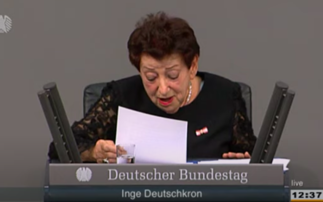 Inge Deutschkron s’exprime au Bundestag, à Berlin, en 2013. (Crédit : capture d’écran SPD)