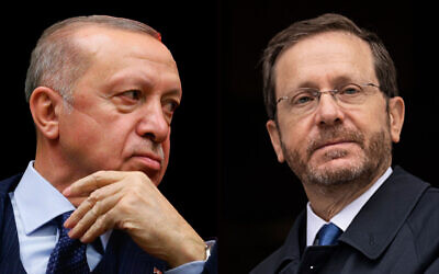Le président turc Recep Tayyip Erdogan et le président israélien Isaac Herozg. (Crédit : montage AP)