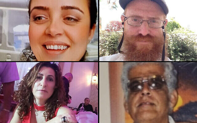 Les quatre victimes d'un attentat terroriste à Beer Sheva le 22 mars 2022 : Laura Yitzhak, en haut à gauche ; le rabbin Moshe Kravitzky, en haut à droite ; Doris Yahbas, en bas à gauche ; Menahem Yehezkel, en bas à droite. (Crédit : Autorisation/Réseaux sociaux)