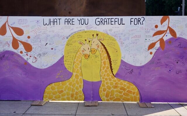 Le mur de la gratitude, une installation artistique située au centre de la place Habima à Tel Aviv jusqu'au 9 avril 2022 (Crédit : Autorisation Max Marine)