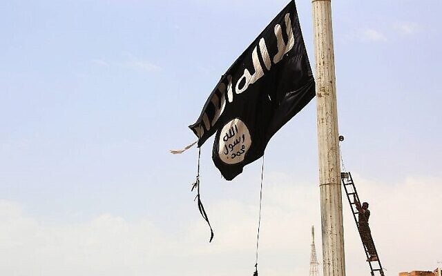 Illustration : Un membre des Forces démocratiques syriennes soutenues par les États-Unis retirant un drapeau de l'État islamique dans la ville de Tabqa, en Syrie. (Crédit : AFP Photo/Delil Souleiman)