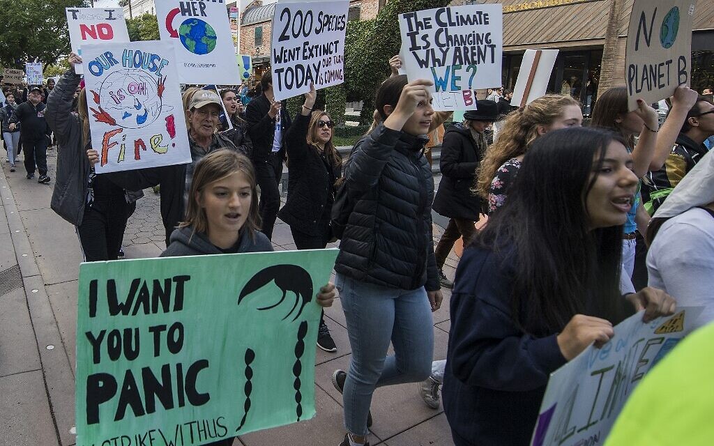 Des étudiants et leurs partisans protestent pour exiger une action transformatrice contre le changement climatique avec un combat contre le consumérisme, lors des soldes du Black Friday à Santa Monica, en Californie, le 29 novembre 2019, Illustration (Crédit : Mark RALSTON/AFP)