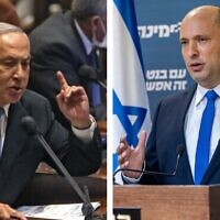 L'ancien Premier ministre Benjamin Netanyahu à gauche, et l'actuel Premier ministre Naftali Bennett (Crédits : Netanyahu : Menahem Kahana / AFP ; Bennett : Yonatan Sindel / Flash90)