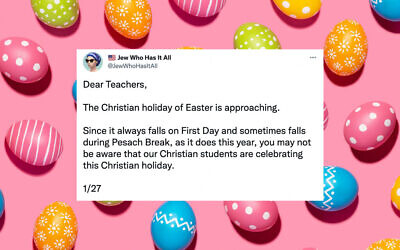 Un fil d'info sur Pâques du compte Twitter 'Jew Who Has It All.' (Crédit : Conception par Jackie Hajdenberg via la JTA; images de Getty Images et @JewWhoHasItAll)