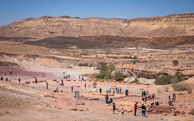 Des Israéliens visitent la réserve naturelle du Mt. Negev, dans le sud d’Israël, pendant la fête de Pessah, 21 avril 2022. (Crédit : Yossi Aloni/Flash90)