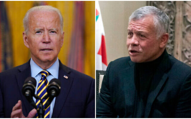 Le président Joe Biden, à gauche, s'exprime à Washington, le 8 juillet 2021.  (Crédit : AP Photo/Evan Vucci) Le roi Abdallah II de Jordanie, à droite, le 26 mai 2021. (Crédit : AP Photo/Alex Brandon, Pool)