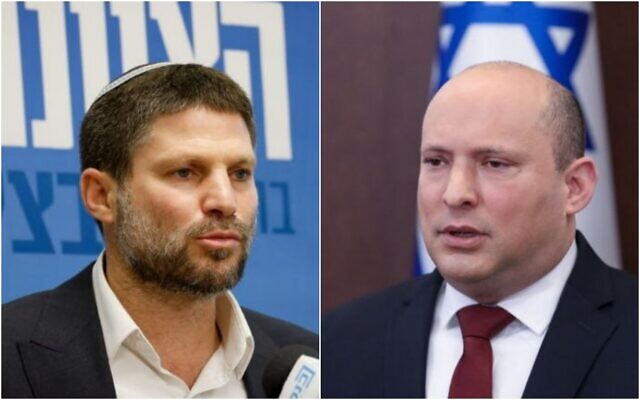 Photo composite : le Premier ministre Naftali Bennett à droite, et le député Bezalel Smotrich (Crédit : Flash90)