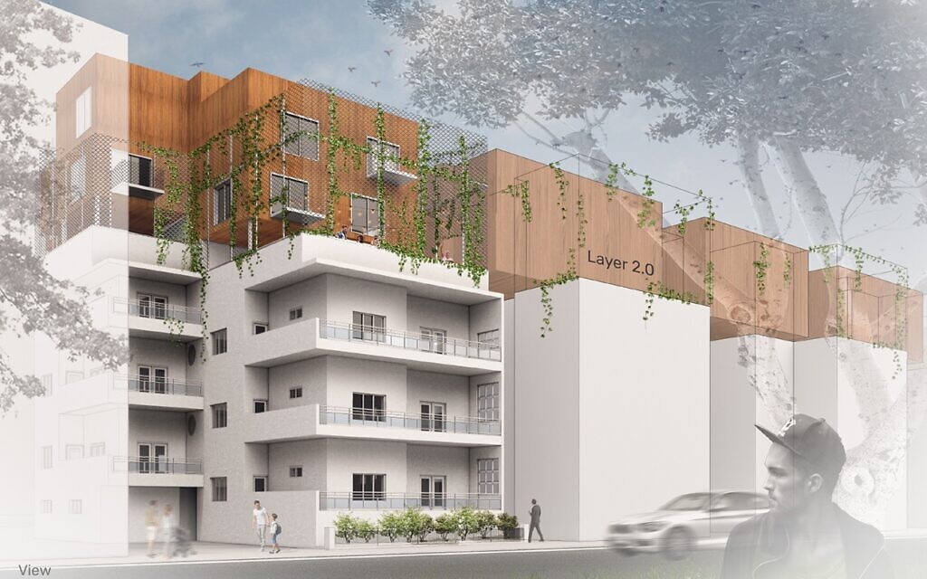 Hristiyana Vassileva et Peter Ausems, de Tel Aviv, ont remporté le troisième prix dans la catégorie "architectes". Le projet "relie les toits des bâtiments par des ponts", créant ainsi une série d'espaces publics interconnectés. Le jury a déclaré que c'était "l'une des idées les plus intéressantes de ce concours". Concours d'architecture Layer 2.0 de la municipalité de Tel Aviv, le 8 mai 2022 (Crédit : Layer 2.0/Municipalité de Tel Aviv-Jaffa)