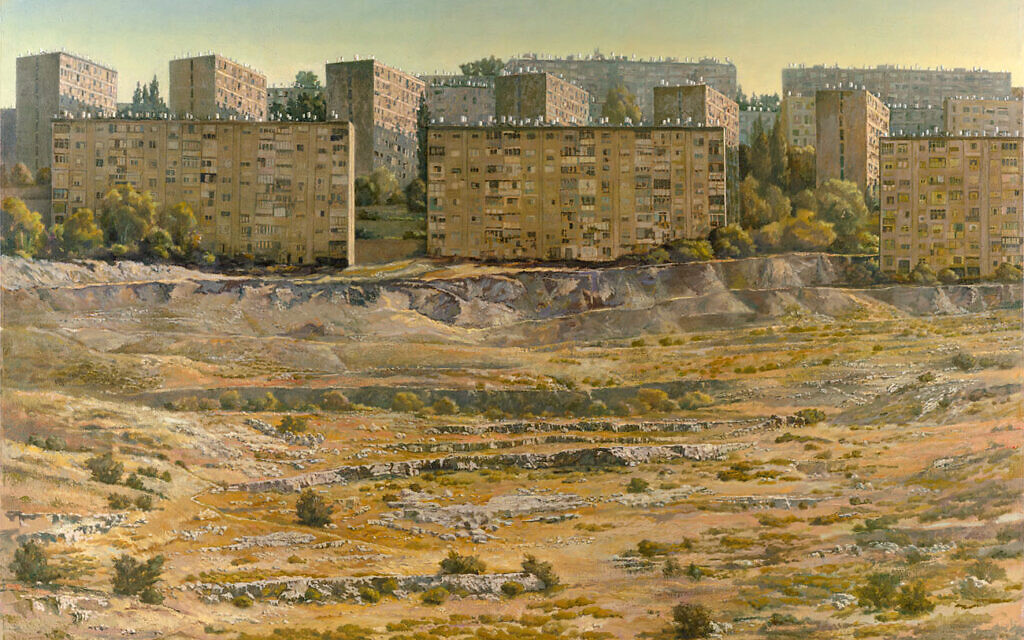 Détail de Kiryat Hayovel, peinture à l’huile sur toile, de Marek Yanai, pour l’exposition "On the Threshold, Jerusalem in Oil and Watercolor", à Beit Avi Chai, jusqu'en juillet 2022. (Crédit : Autorisation de Beit Avi Chai)