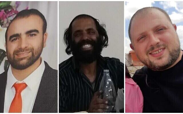 Les victimes de l'attaque terroriste d'Elad le 5 mai 2022, de gauche à droite ; Boaz Gol, Yonatan Havakuk et Oren Ben Yiftah (Crédit: courtoisie)