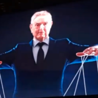 Image représentant le philanthrope juif George Soros comme un marionnettiste, issue d’une vidéo de campagne pour Kim Crockett, candidat du Parti Républicain dans le Minnesota au poste de Secrétaire d’État. (Crédit : Capture d’écran via la JTA)