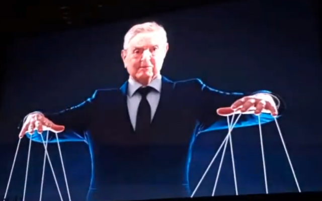 Image représentant le philanthrope juif George Soros comme un marionnettiste, issue d’une vidéo de campagne pour Kim Crockett, candidat du Parti Républicain dans le Minnesota au poste de Secrétaire d’État. (Crédit : Capture d’écran via la JTA)
