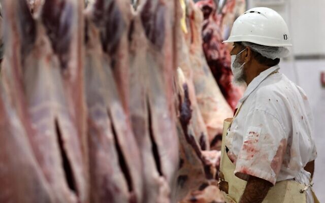 Un ouvrier masqué dans un abattoir de la zone industrielle d'Al Qouz, dans l'émirat de Dubaï (Golfe), le 23 juin 2022. (Crédit : Giuseppe CACACE / AFP)