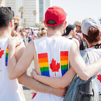 Des participants au voyage LGBTQ Birthright Israel de l'Expérience Canada-Israël à Tel Aviv pendant la Pride (Crédit : Autorisation).
