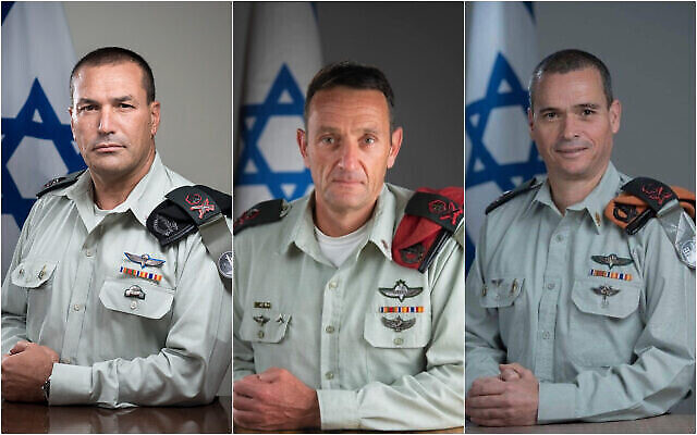 (De gauche à droite) Les généraux de division Eyal Zamir, Herzi Halevi et Yoel Strick sont vus sur des photos officielles non datées. (Crédit : Tsahal)