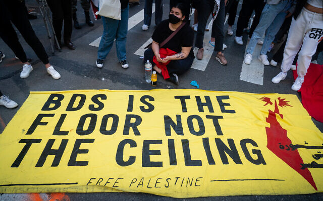 Illustration : Des militants BDS anti-Israël à New York, le 15 mai 2021. (Crédit : Luke Tress/Times of Israel)