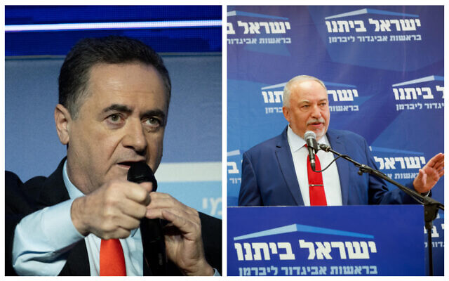 Le député du Likud Israel Katz et le ministre des Finances Avigdor Liberman. (Collage/Flash90)