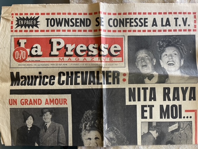 Article de presse de Nita Raya et Maurice Chevalier.
(Crédit : Collection personnelle de Grégoire Akcelrod)