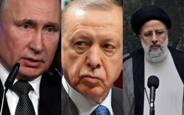 (MONTAGE) Le président russe Vladmir Poutine, le président turc Recep Tayyip Erdogan et le président iranien Ebrahim Raissi. (Crédits : Abir Sultan/Adem AltanAtta Kenare/AFP)