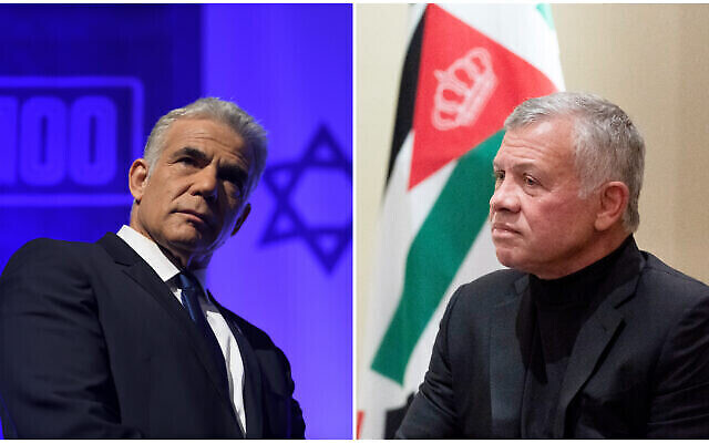 Le Premier ministre Yair Lapid (à gauche) et le roi de Jordanie Abdullah II (à droite). (Crédit : Gili Yaari/Flash90; AP/Alex Brandon)