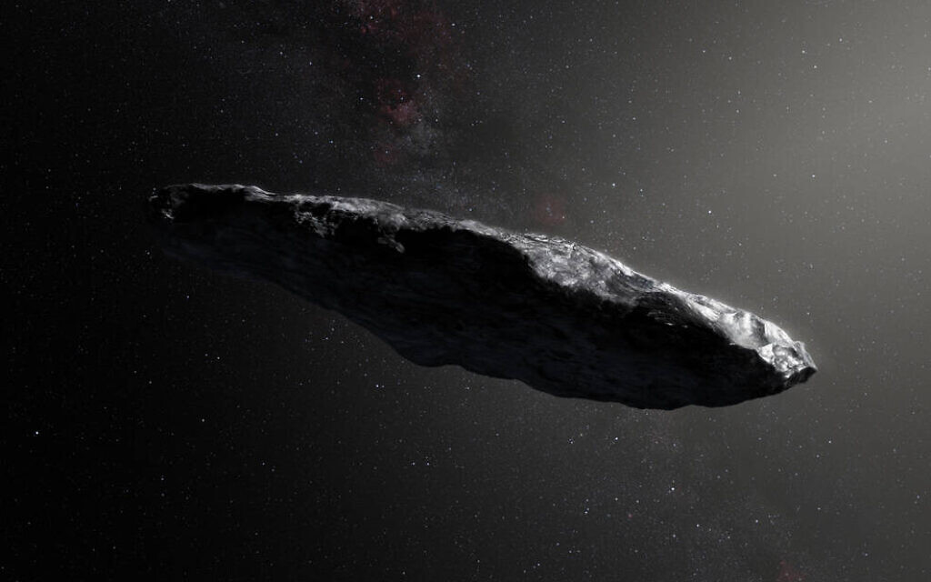 Une illustration de 'Oumuamua, le premier objet d'origine interstellaire que nous avons vu traverser notre système solaire. (Crédit : NASA Goddard Center/CC-SA-2.0)