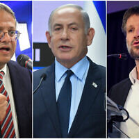 De gauche à droite : Le leader d'Otzma Yehudit, le député Itamar Ben Gvir, le leader de l'opposition et président du Likud Benjamin Netanyahu, et le chef du parti HaTzionout HaDatit, le député Bezalel Smotrich. (Crédit : Avshalom Sassoni/Flash90)