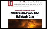 Titre du journal allemand Bild, sur son site internet, le 7 août 2022 : 'Une roquette palestinienne tue des civils à Gaza' (Capture d’écran)