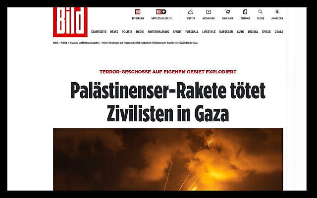 Titre du journal allemand Bild, sur son site internet, le 7 août 2022 : 'Une roquette palestinienne tue des civils à Gaza' (Capture d’écran)
