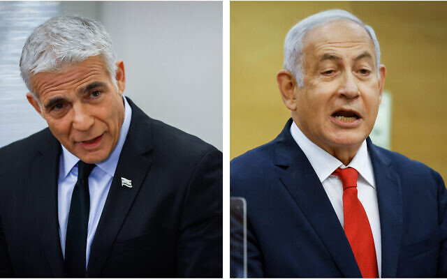 Une image composite du chef de l'opposition Benjamin Netanyahu, à droite, et du ministre des Affaires étrangères Yair Lapid dirigeant leurs réunions respectives des factions Likud et Yesh Atid à la Knesset, le 8 novembre 2021. (Crédit : Olivier Fitoussi/Flash90)