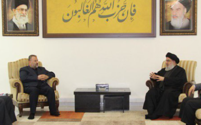 Le chef du Hezbollah, Hassan Nasrallah, rencontrant les dirigeants du Hamas au Liban, le 28 août 2022. (Crédit : Twitter)