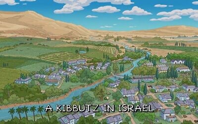 La célèbre série animée américaine "Les Simpsons" présentant une image qui ressemble au kibboutz Nir David, dans le nord d'Israël. (Crédit : Capture d'écran/20th Century Fox)