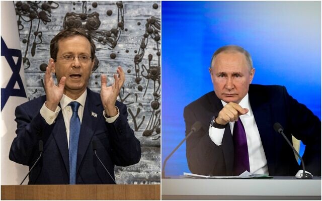 Le président Isaac Herzog, à gauche, et le président russe Vladimir Poutine. (Crédit : Montage/AP)