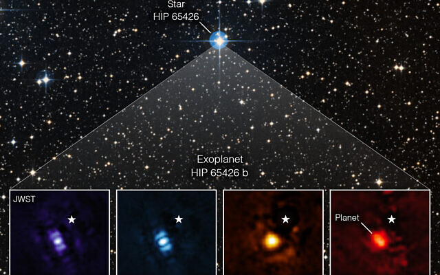 Quatre vues de la planète nommée HIP 65426 b, capturées par le télescope James Webb et diffusées le 1er septembre 2022. (Crédit : NASA/ESA/CSA, A Carter (UCSC), l'équipe ERS 1386, et A. Pagan (STScI)